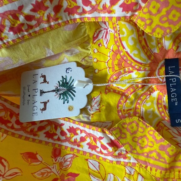 La Plage S Yellow Coral Floral Block Print Dress Short Sleeve, 100% Cotton - Picture 5 of 12